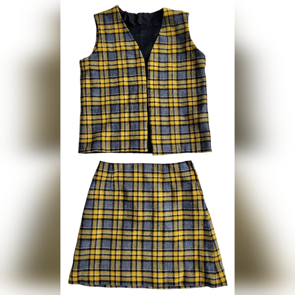 Vintage 60s Handmade Plaid Vest & Mini Skirt Set XS Mod Punk - Picture 1 of 16